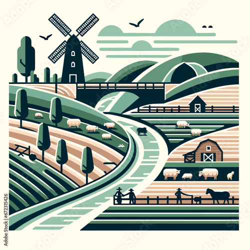 Agrarian Landscape with Livestock Vector Design