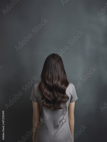 The back view portrait of a female hair model with silky healthy hair isolated on the gray dark background. Generative AI.