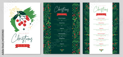 Restaurant Christmas holiday menu design with christmas floral  desoration. Vector illustration