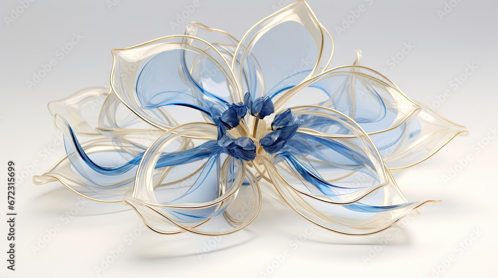a blue and white flower made out of glass on a white surface. generative ai a blue and white flower made out of glass on a white surface. generative ai