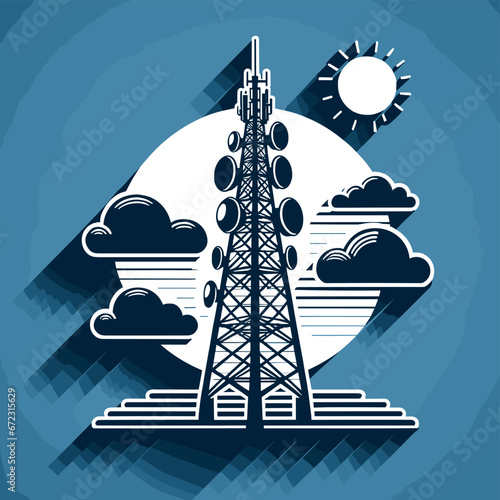 Telecom Tower with Sun and Clouds Vector Design