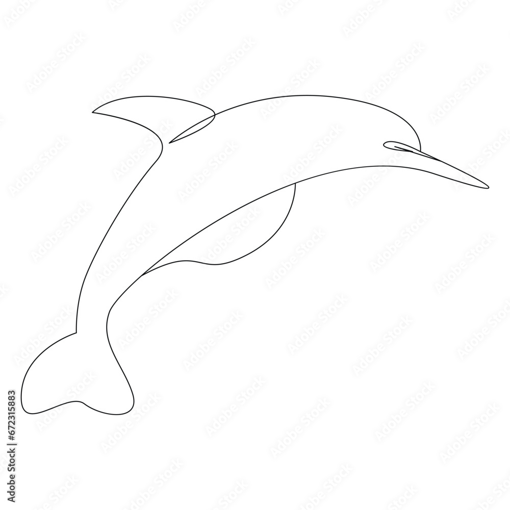 Obraz premium Continuous one line of cute dolphin sea fish outline vector art drawing and illustration
