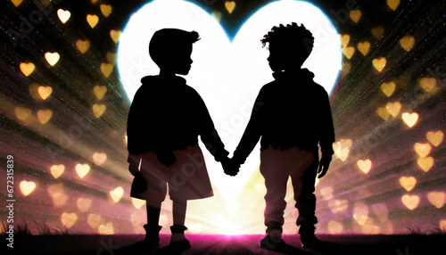 2 boys couple holding hands with a heart-shaped shadow, Love and Connection
