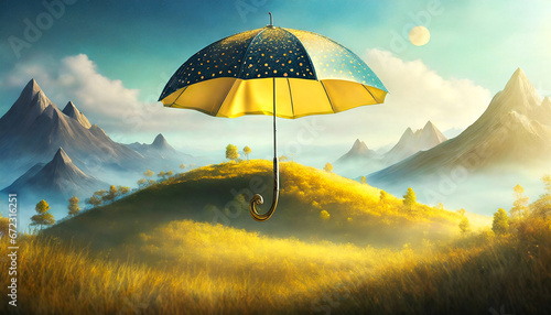 Surrealism. A floating umbrella above a surreal landscape