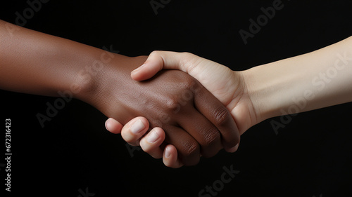 Photo close up of hand during hand shaking. Black skin people's hands and white skin people's hand during hand shaking. Isolated on black background. Generative AI