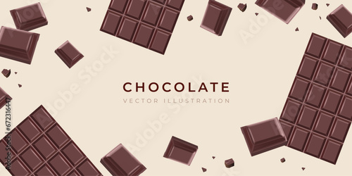 Beige background with flying chocolate bars and pieces of broken milk dark chocolate. Vector illustration.