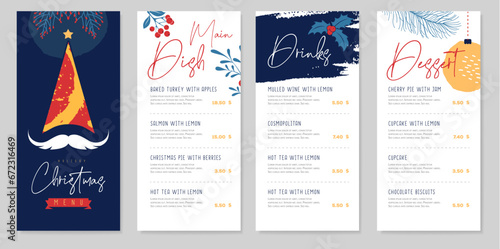 Restaurant Christmas holiday menu design with christmas desoration. Vector illustration
