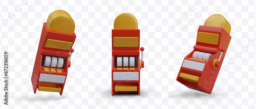 Collection with realistic slot machine in different positions. Golden slot machine wins the jackpot. Casino Vegas game. Vector illustration in 3D style
