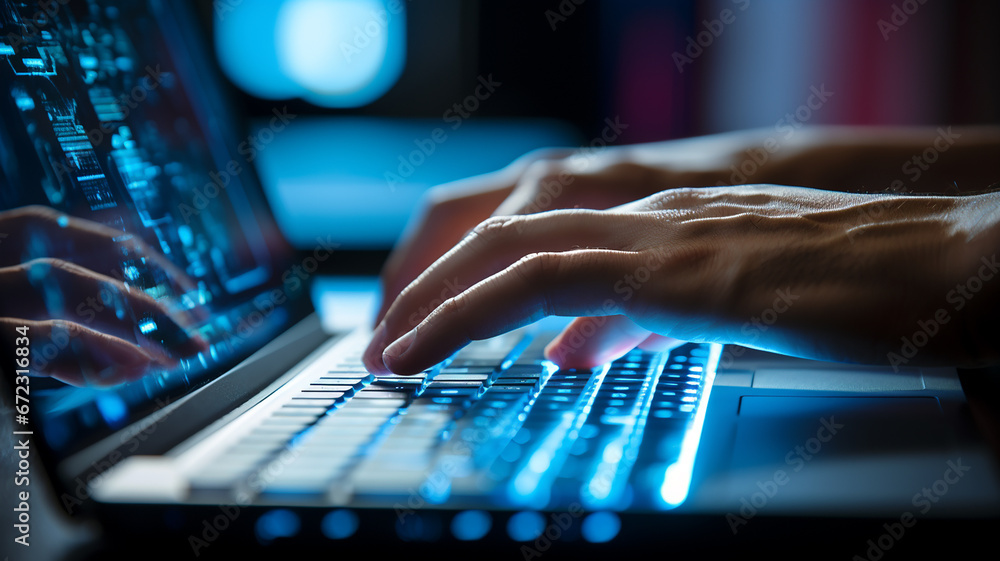 Business concept. Photo close up of Businessman hand is typing with a laptop keyboard. Doing work, surfing internet, chatting, research market data. Generative AI - obrazy, fototapety, plakaty 
