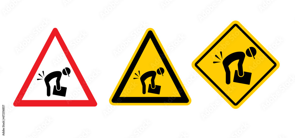 Warning, heavy do not lift forbidden, stop object lifting icon. Stick figure person lifting heavy or picking up big box, Prohibited, incorrect posture. Danger, no weight sign. Warning, heavy do not lift forbidden, stop object lifting icon. Stick figure person lifting heavy or picking up big box, Prohibited, incorrect posture. Danger, no weight sign.