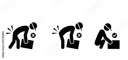 Correct object lifting icon. Stick figure person lifting heavy or picking up big box, showing correct and incorrect posture. Incorrect standing or safe work posture or attitude.