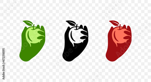 Hand picks an apple from a tree, fruit and garden, graphic design. Food, meal, plant, juice, nature, crop and harvest, vector design and illustration