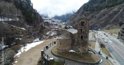 Church Sant Joan de Caselles. Andorra. Winter. Aerial.  photo