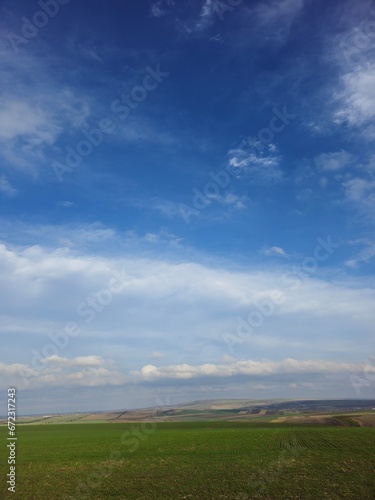 A grassy field with clouds in the sky