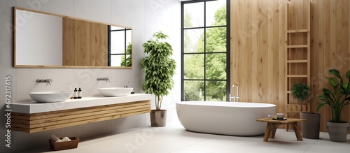 Interior design wooden bathroom  White tub and green plants. AI generated image