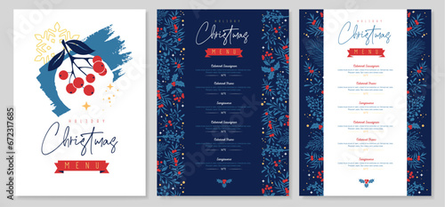 Restaurant Christmas holiday menu design with christmas floral  desoration. Vector illustration