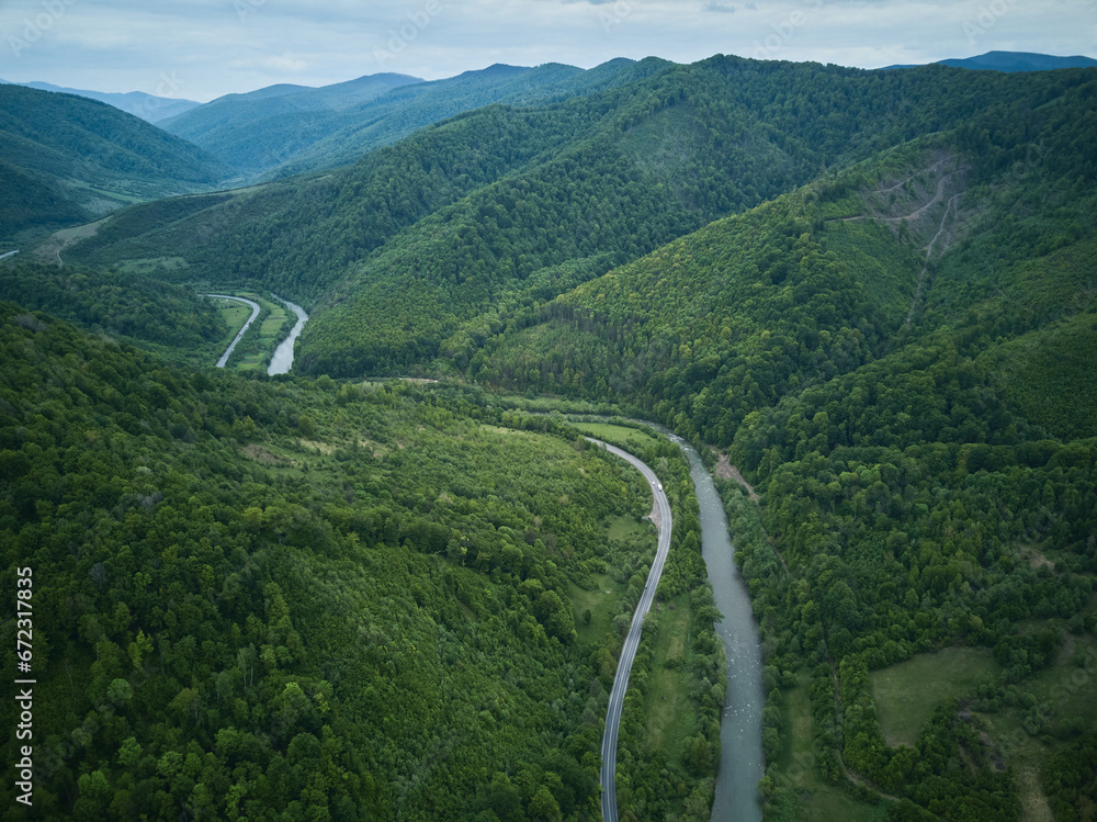 Aerial photo of a beautiful river in Carpathian mountains, Western Ukraine