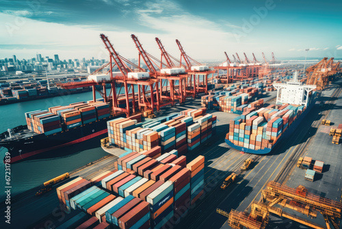 Containers are loaded onto cargo ships, facilitating global commerce. Logistics and trade in aerial view. Business import and export transport.