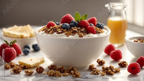Morning Serenity: Greek Yogurt Bowl with Granola, Honey, and Fresh Berries on a Marble Countertop