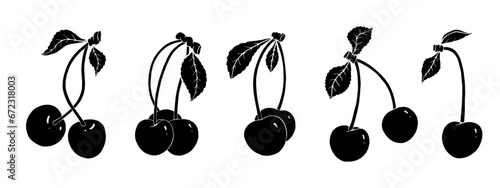 Set of silhouettes and stamps of summer cherries. Vector graphics.