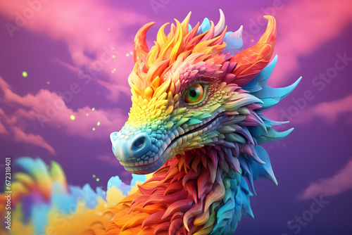 Head of Fantasy Dragon. Rainbow-colored dragon. Mythical creature. Legendary monster. An ancient monster. Fearsome. Fairytale. Sky background. Funny Cartoon character. Colorful AI illustration © Zakhariya