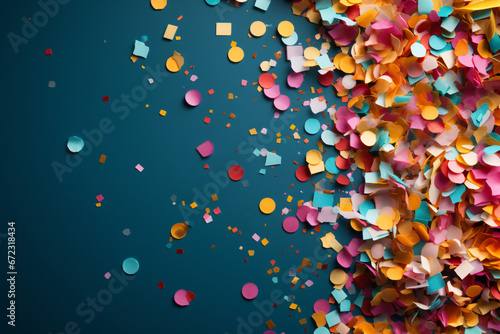 Confetti explosion on dark backdrop depicting festive atmosphere