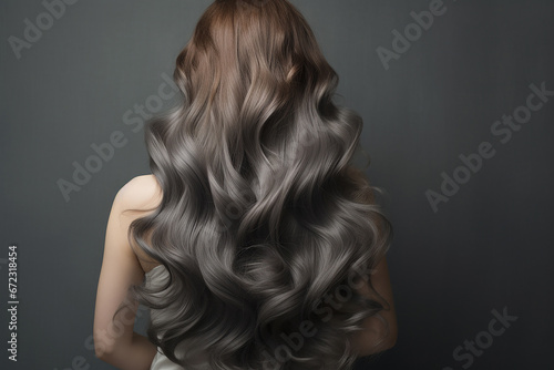 The back view portrait of a female hair model with silky healthy hair isolated on the gray dark background. Generative AI.