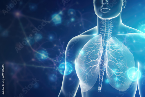Healthcare with futuristic medical research focused on lung health. Innovative diagnosis and vital monitoring in a clinical hospital setting. Wide banner with copy space area