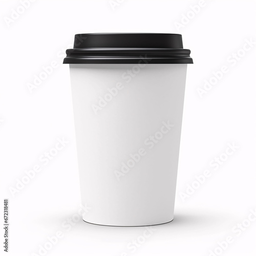 White paper coffee cup medium size with black lid isolated on white background. Front view. Packaging template mockup collection. photo