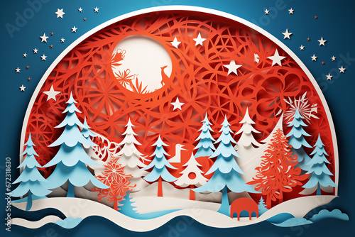 paper cut style of Christmas event, tree and star in the half circle on blue background
