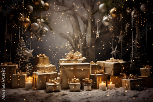 Beautiful golden gift boxes lined up on a snowy background decorated with balls, stars and candles