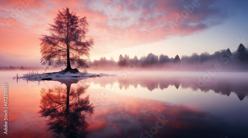 Pine trees on a small island in the middle of a winter lake surrounded by mist during a sunny morning