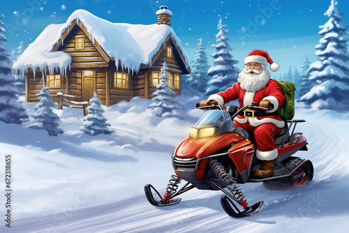 Santa Claus rides a snowmobile on a snowy slope past snow-covered houses on a snowy night