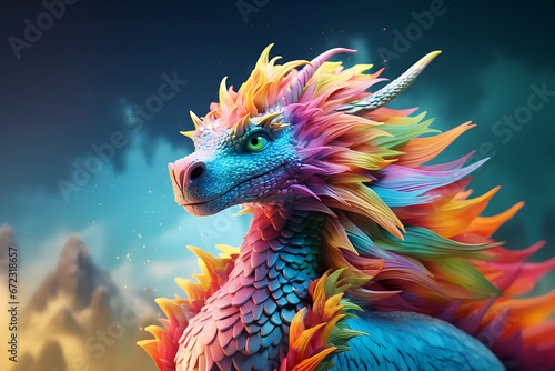 Head of Fantasy Dragon. Rainbow-colored dragon. Mythical creature. Legendary monster. An ancient monster. Fearsome. Fairytale. Sky background. Funny Cartoon character. Colorful AI illustration © Zakhariya