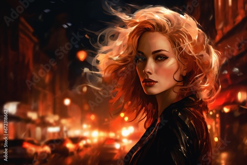 Portrait of a beautiful fashionable woman with a hairstyle, in a city street, at night.