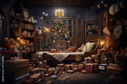 There are many gift boxes in the bedroom, Christmas pine trees on the bed, and bookshelves filled with books.