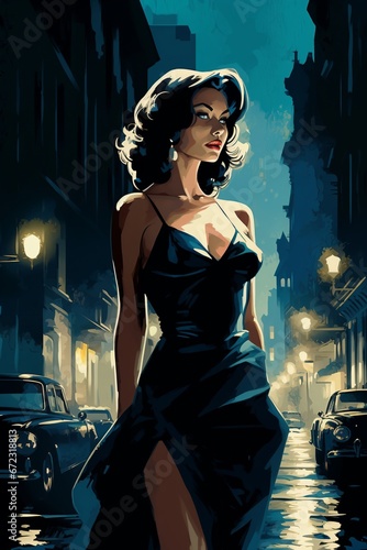 Portrait of a beautiful fashionable woman with a hairstyle, in a city street, at night. Illustration poster in the style of 1960