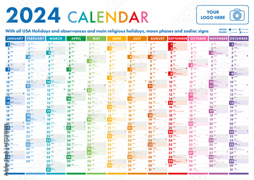 Year planner, 2024 calendar with monthly vertical grid in rainbow colors. Template planner for schedule, events and holidays. Vector business organizer, calendar