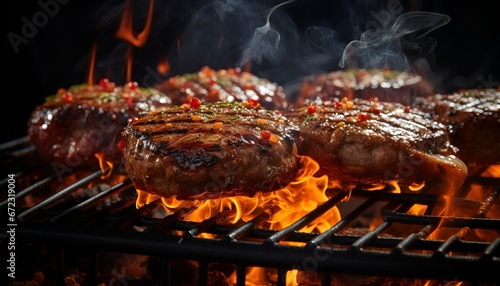 Hamburgers on a flaming grill