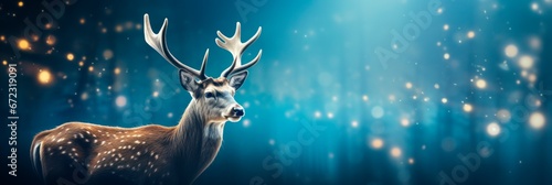 A majestic Christmas festive deer sparkles with lights and snowflakes in a winter wonderland, banner background xmas card, copy space for text