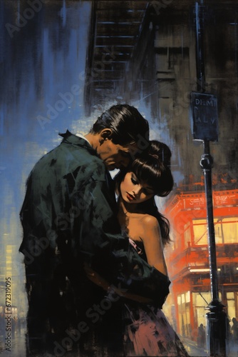 Romantic couple, man and woman, embracing in a city street, at night, rainy weather, fog. Illustration, poster in the style of 1960