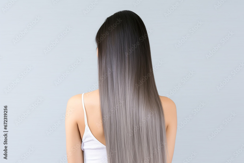 The rear view of a young woman with sleek, silver long hair, photographed in a studio with a white background and professional lighting. Generative AI. The rear view of a young woman with sleek, silver long hair, photographed in a studio with a white background and professional lighting. Generative AI.