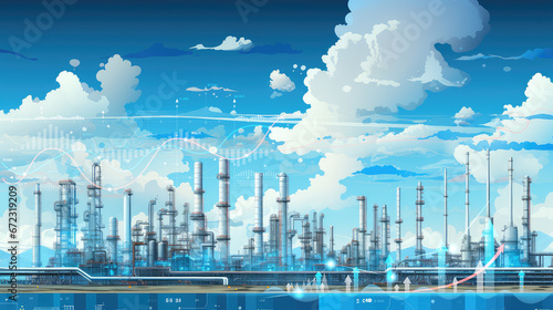 Petrochemical factory equipped with storage tanks, the backbone of energy infrastructure. Industrial technology in energy production and oil demand price chart concepts. Wide banner with copy space.