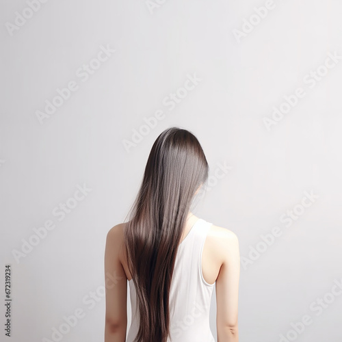 The rear view of a young woman with sleek, silver long hair, photographed in a studio with a white background and professional lighting. Generative AI.