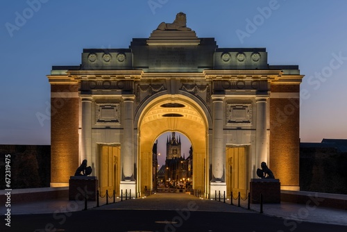 Menin Gate illuminated in the dark in Ypres, Belgium