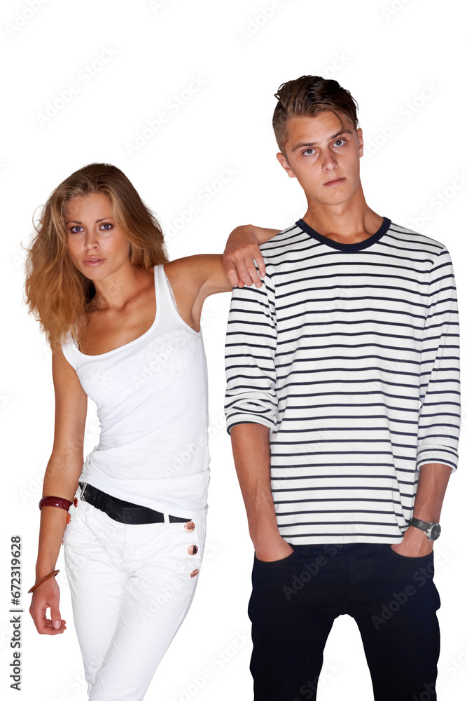 Fashion, couple and serious pose in portrait, face and cool or trendy, vintage and retro clothing. Man and woman, attitude and face of hipster, casual and isolated on transparent png background Fashion, couple and serious pose in portrait, face and cool or trendy, vintage and retro clothing. Man and woman, attitude and face of hipster, casual and isolated on transparent png background