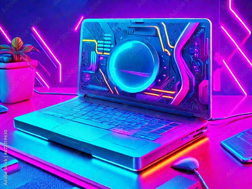 Neoncolored laptop in a futuristic illustration about computer