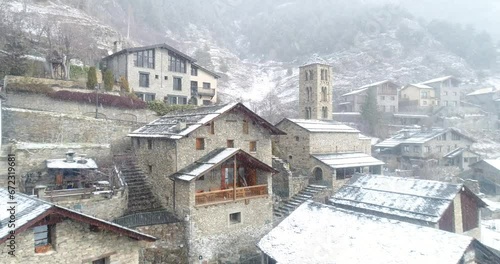 Saint Clement's Church in Pal, La Massana, Andorra. Winter. Aerial