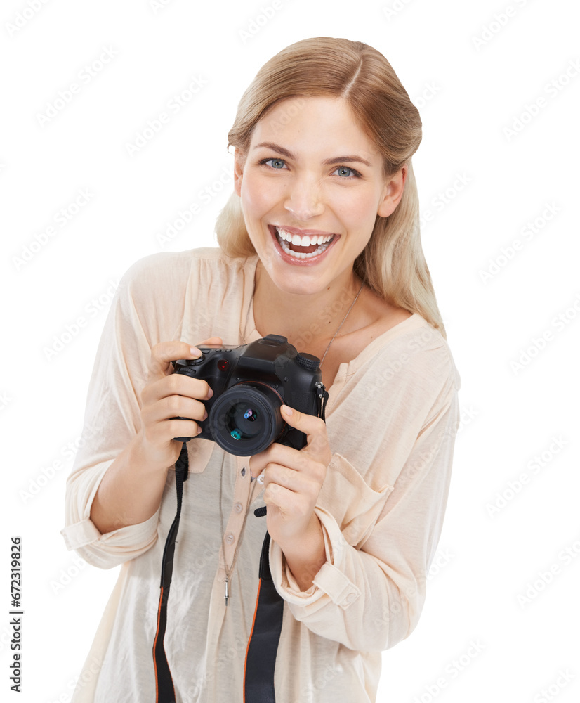 Camera, happy woman or photographer portrait, smile and creative equipment for picture, photoshoot or freelance. Photo expert, photography or holiday tourist isolated on transparent, png background Camera, happy woman or photographer portrait, smile and creative equipment for picture, photoshoot or freelance. Photo expert, photography or holiday tourist isolated on transparent, png background