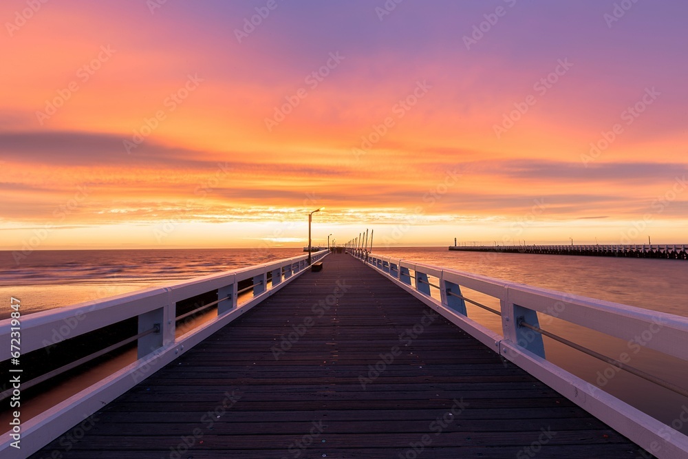 Scenic view of a dock illuminated by a setting sun, with a bridge in the background
